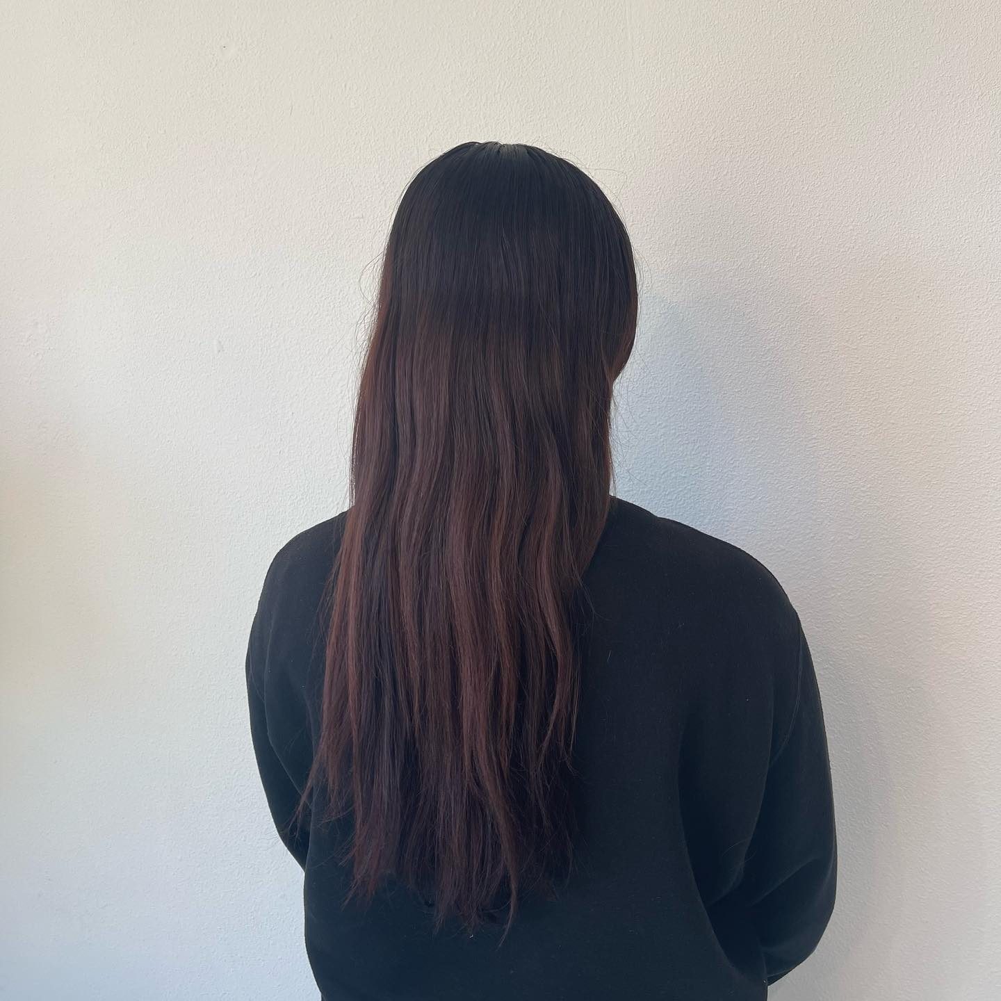 Voor: lang donker haar met roodbruine punten, van achteren